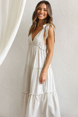 Breezy Deep V Tie Strap Tiered Babydoll Midi Summer Sundress -Beige