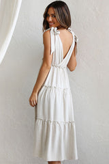 Breezy Deep V Tie Strap Tiered Babydoll Midi Summer Sundress -Beige