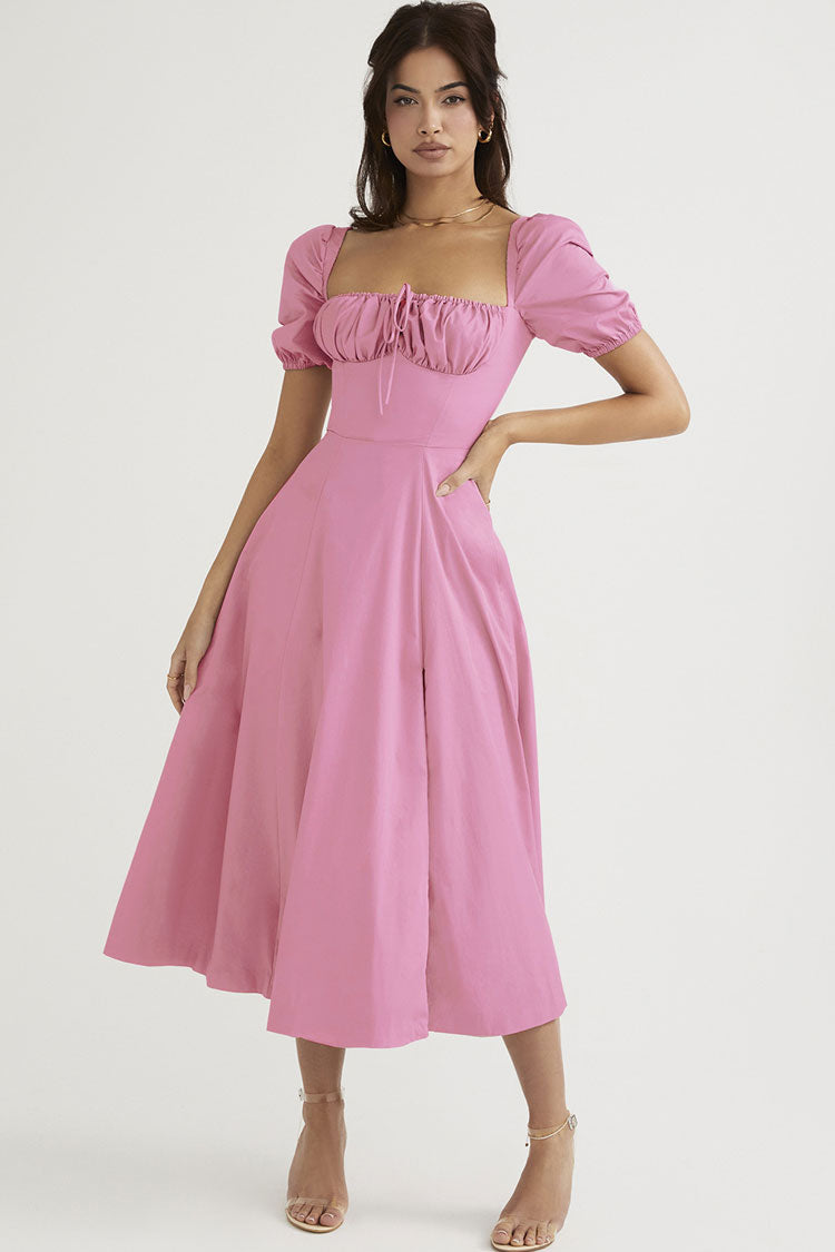 Breezy Off Shoulder Tie Front Puff Sleeve High Slit Midi Sundress - Pink