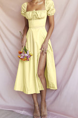 Breezy Off Shoulder Tie Front Puff Sleeve High Slit Midi Sundress - Yellow