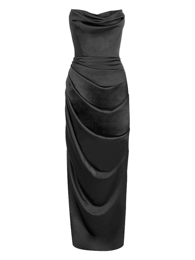 Strapless Satin High Side Slit Maxi Prom Dress