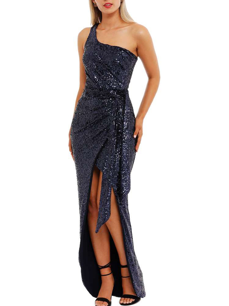 Sequin One Shoulder Side Sleeveless Slit Evening Gown