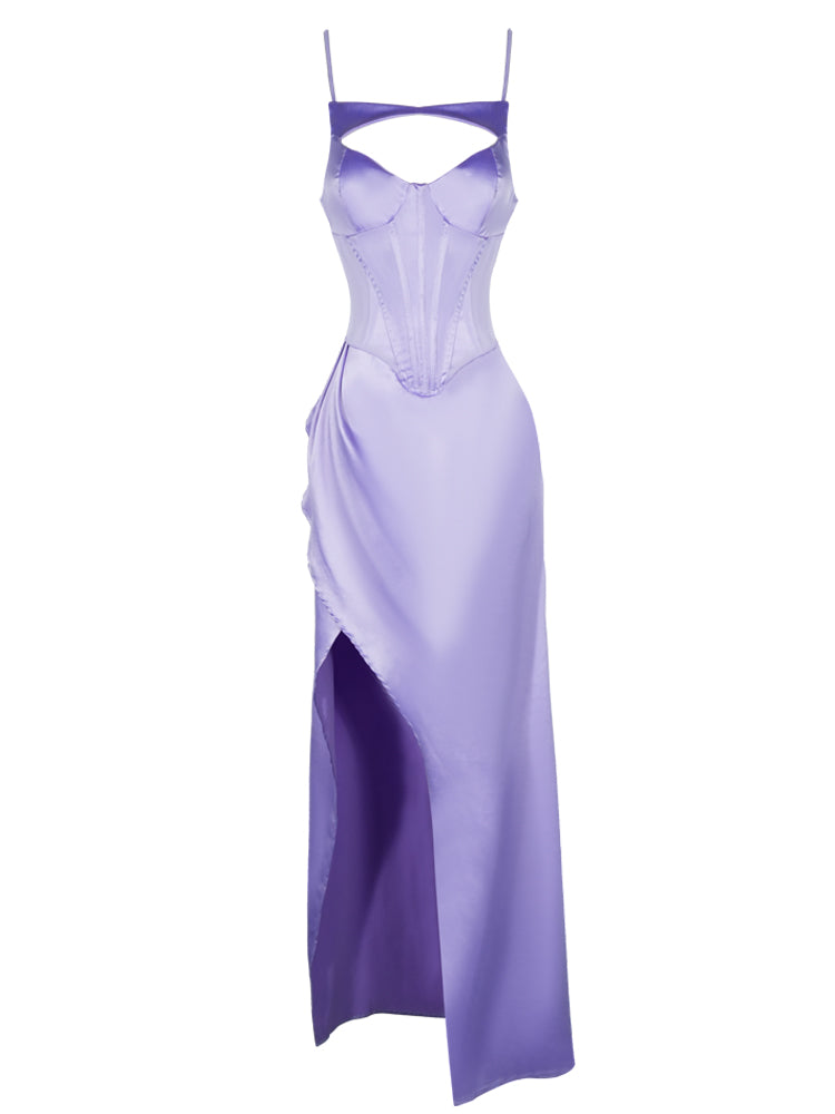 Satin Cut Out Side Slit Corset Evening Gown