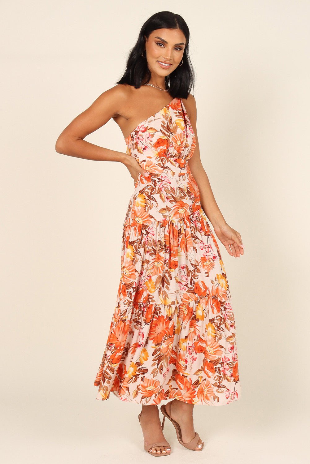 Orange Floral Pleated One Shoulder Maxi Dress