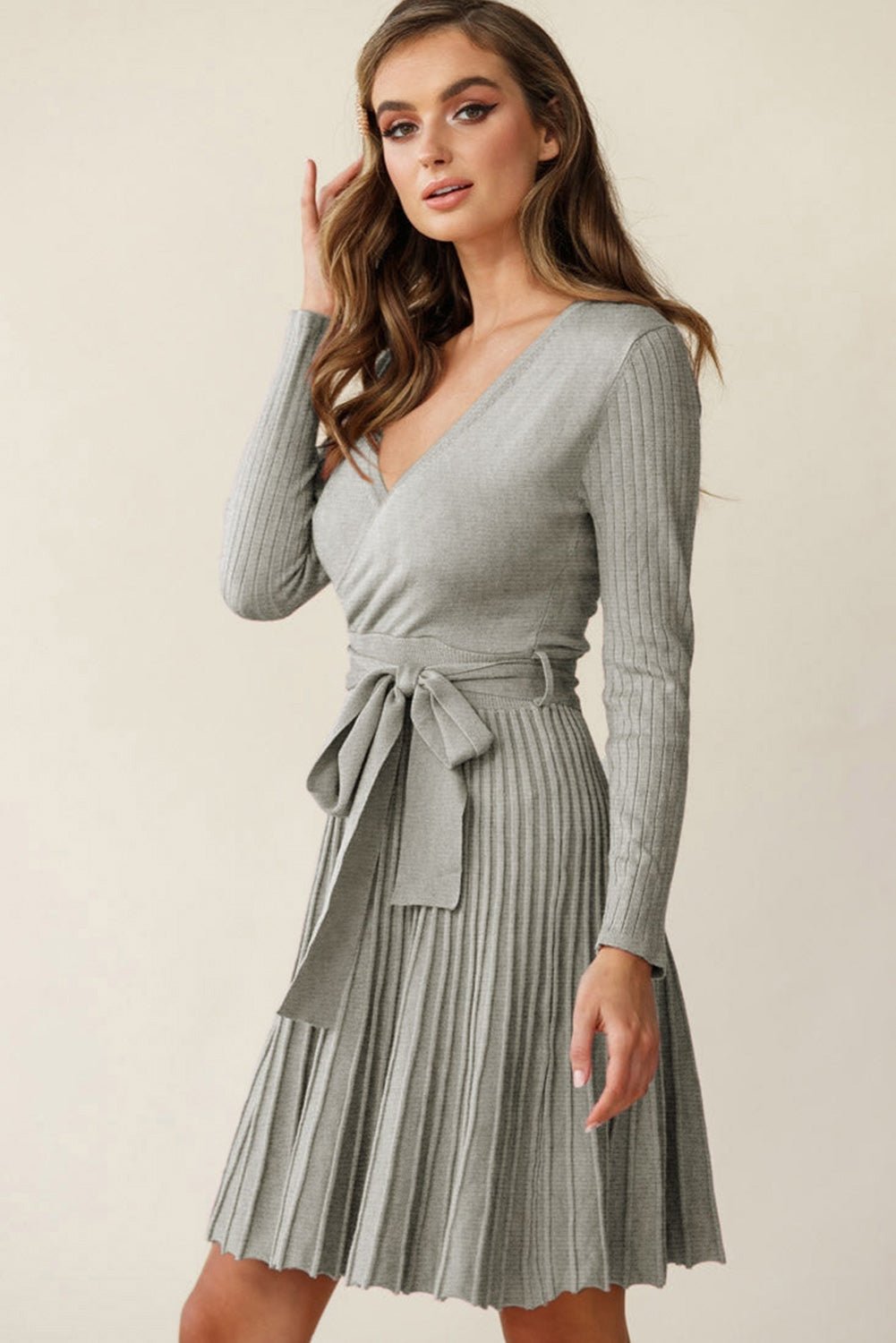 Black Belted V Neck Ribbed Pleated Sweater Dress