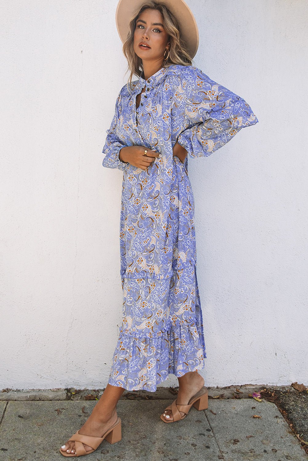 Purple Ruffled Bubble Sleeves Kaftan Paisley Maxi Dress