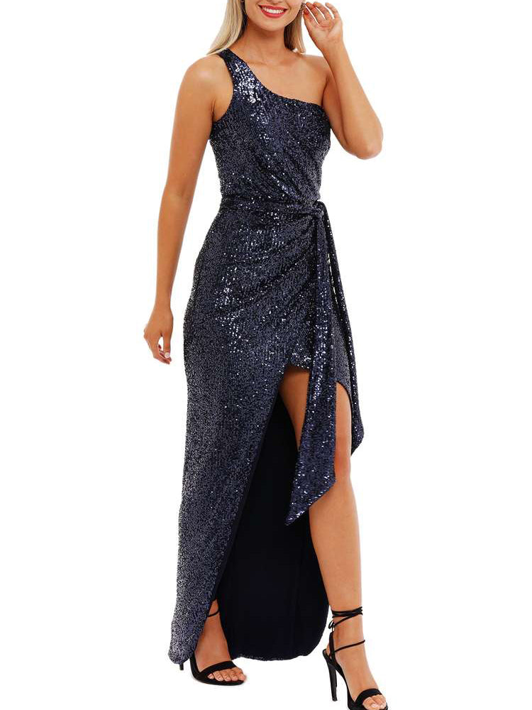 Sequin One Shoulder Side Sleeveless Slit Evening Gown