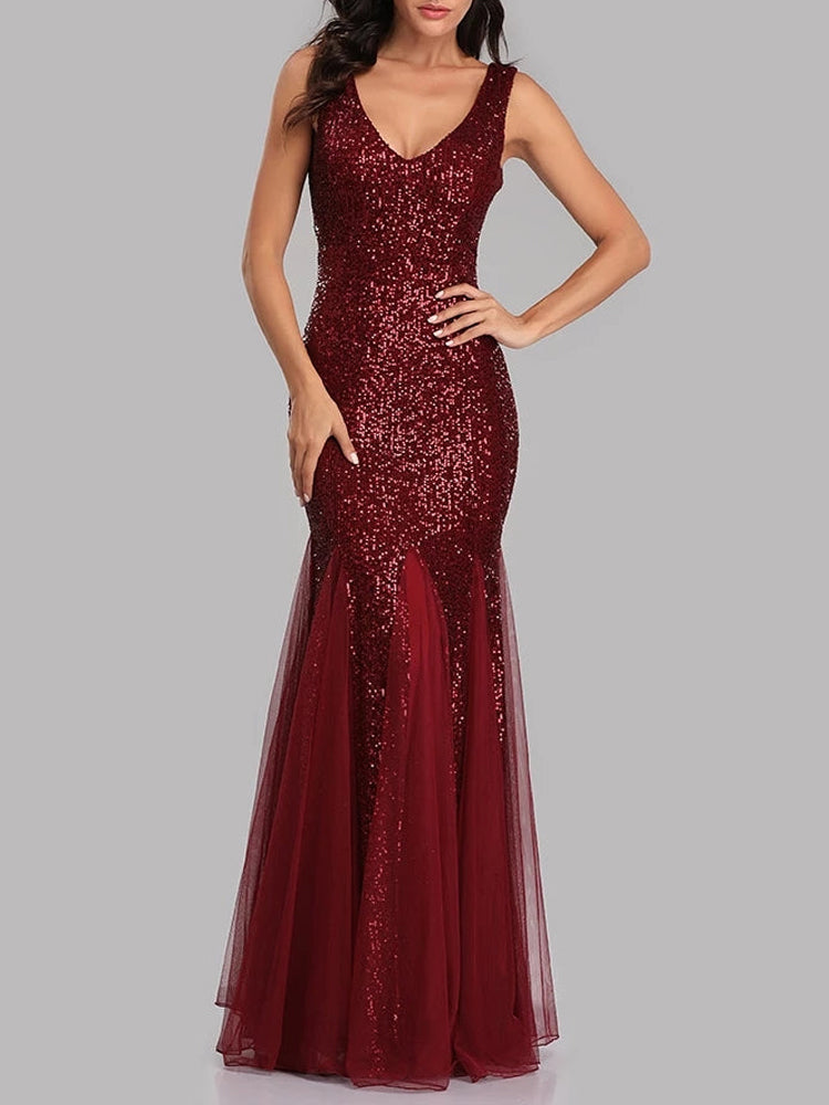 Sequin Tulle V-Neck Mermaid Floor Length Prom Dresses