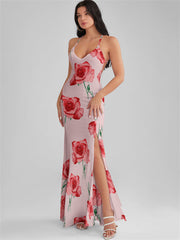 CATALINA Misty Rose Print Backless Plunge Maxi Dress