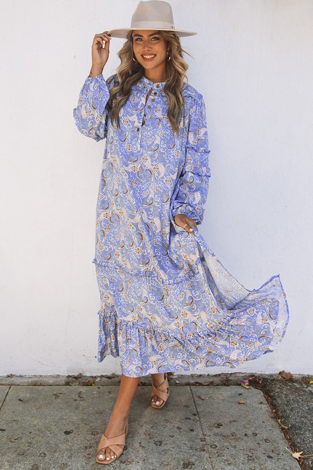 Purple Ruffled Bubble Sleeves Kaftan Paisley Maxi Dress