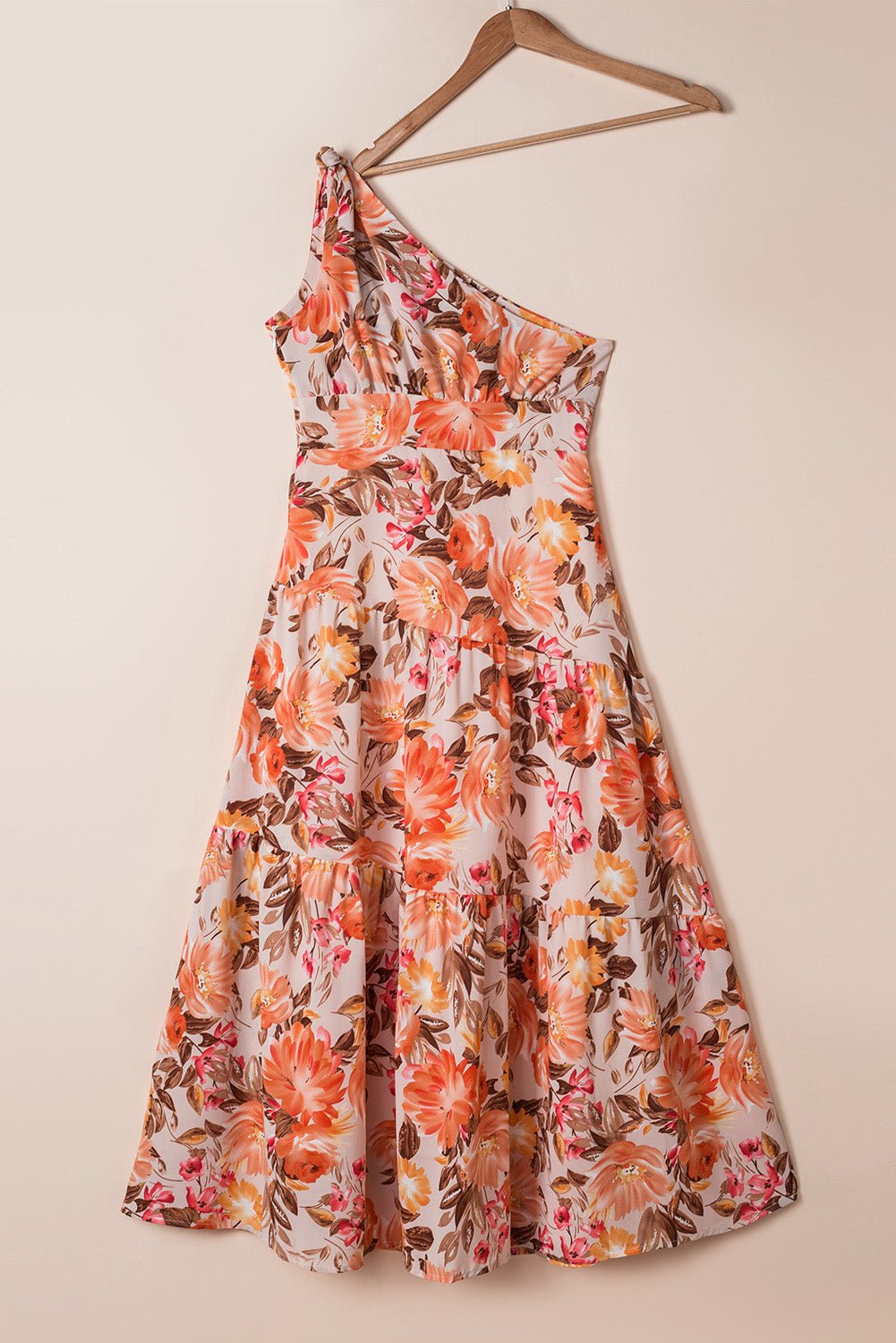 Orange Floral Pleated One Shoulder Maxi Dress