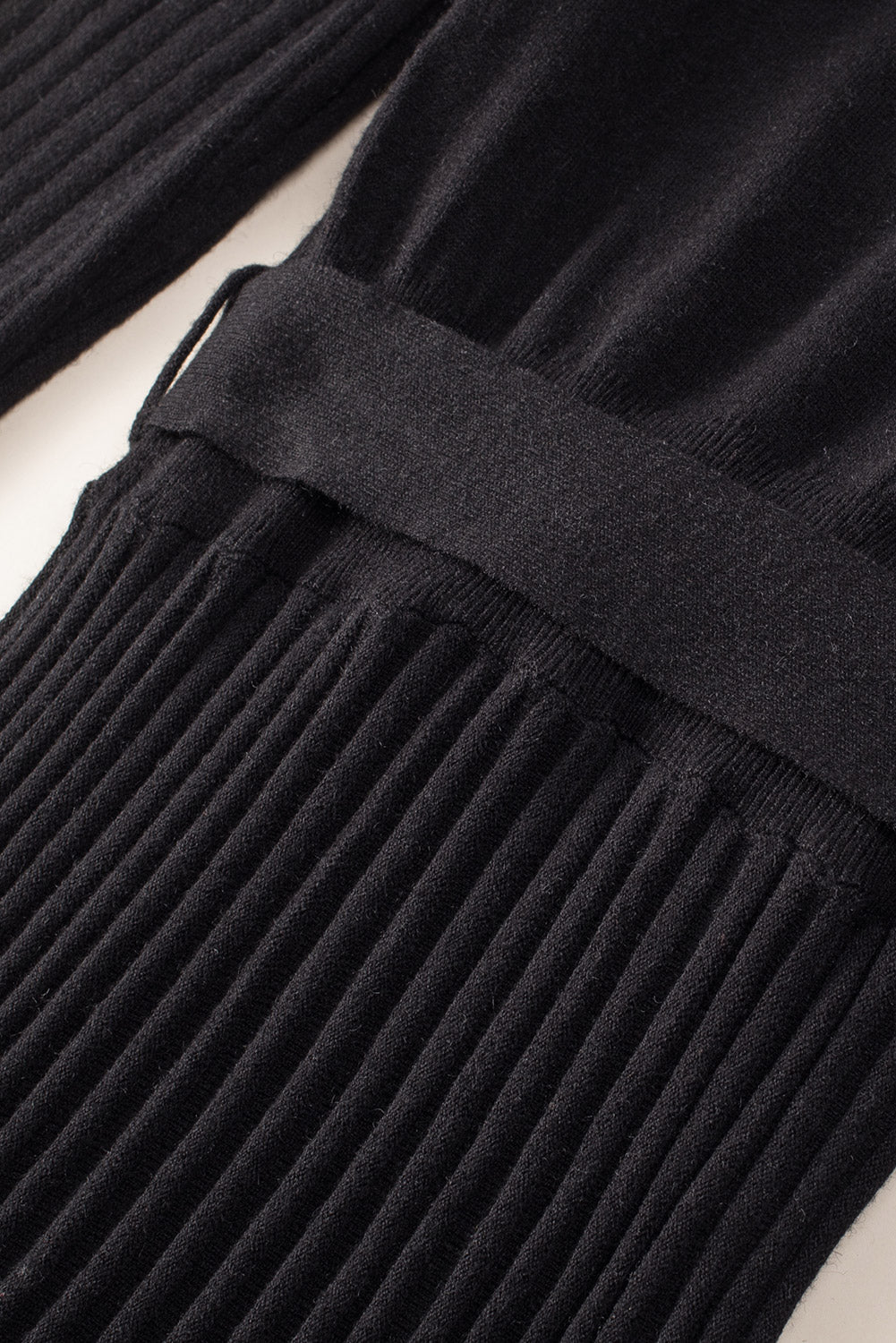 Black Belted V Neck Ribbed Pleated Sweater Dress