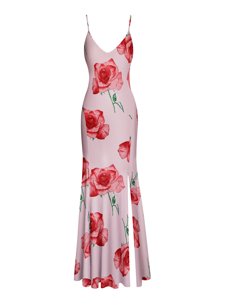 CATALINA Misty Rose Print Backless Plunge Maxi Dress