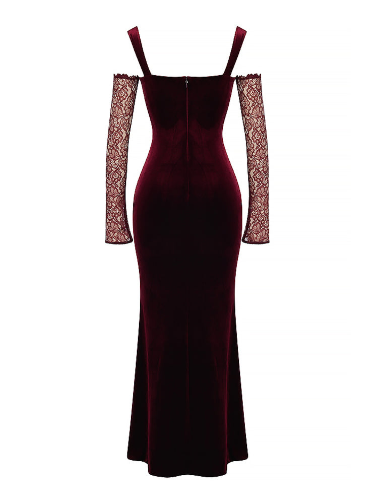 Black Cherry Velvet Lace Long Sleeve Maxi Dress