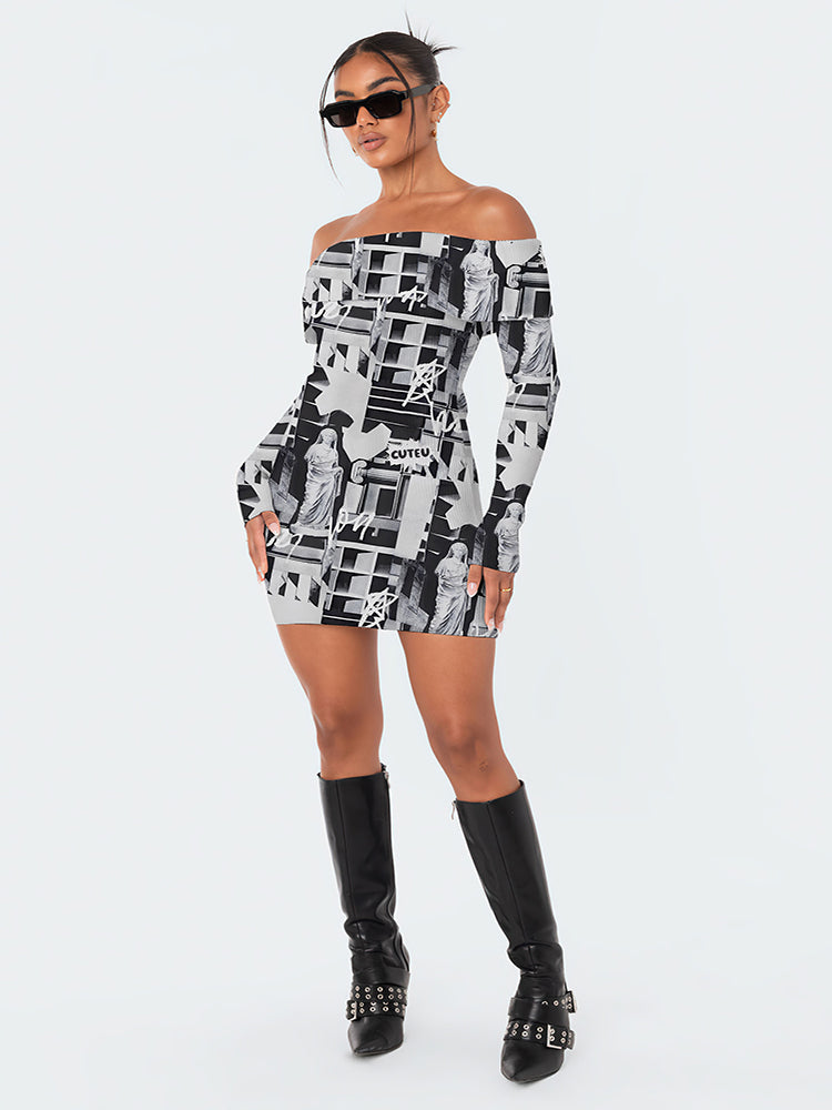 Fold Over Off Shoulder Long Sleeve Mini Dress