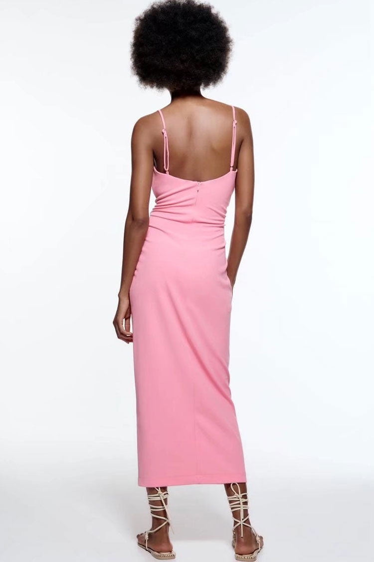 Chic Cowl Neck Tie Side Ruched Trim Split Slip Midi Dress - Pink