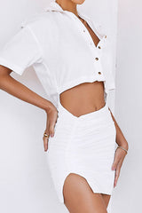 Chic Cutout Ruched Button Down Linen Shirt Mini Dress - White