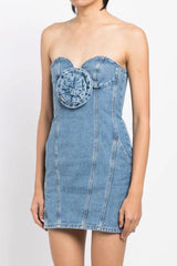 Chic Rosette Applique Sweetheart Bodycon Denim Tube Mini Dress - Blue