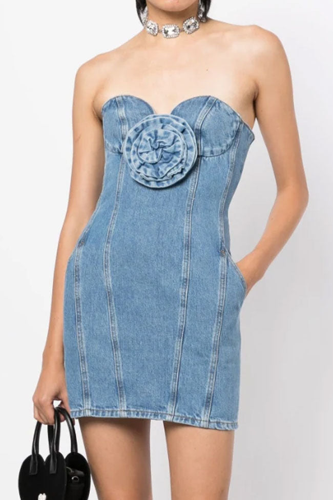 Chic Rosette Applique Sweetheart Bodycon Denim Tube Mini Dress - Blue