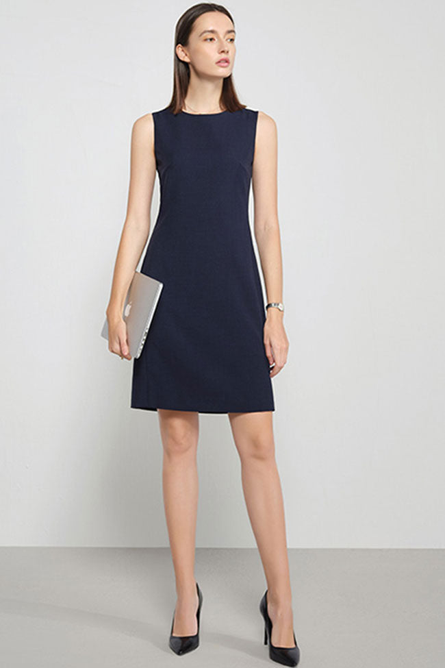 Chic Round Neck Solid Color Fitted Sleeveless Mini Dress - Navy Blue