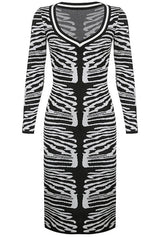 Classic Zebra Print V Neck Long Sleeve Bodycon Sweater Midi Dress - Black