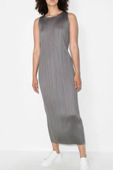 Classy Crew Neck Summer Shift Sleeveless Pleated Midi Dress - Gray