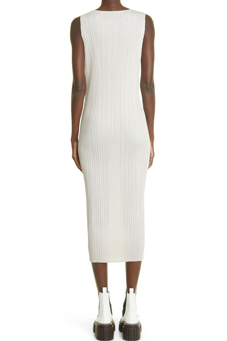 Classy Crew Neck Summer Shift Sleeveless Pleated Midi Dress - White