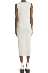 Classy Crew Neck Summer Shift Sleeveless Pleated Midi Dress - White