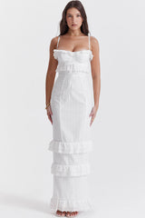 Classy Ruffle Sweetheart Broderie Anglaise Fitted Layered Maxi Sundress - White