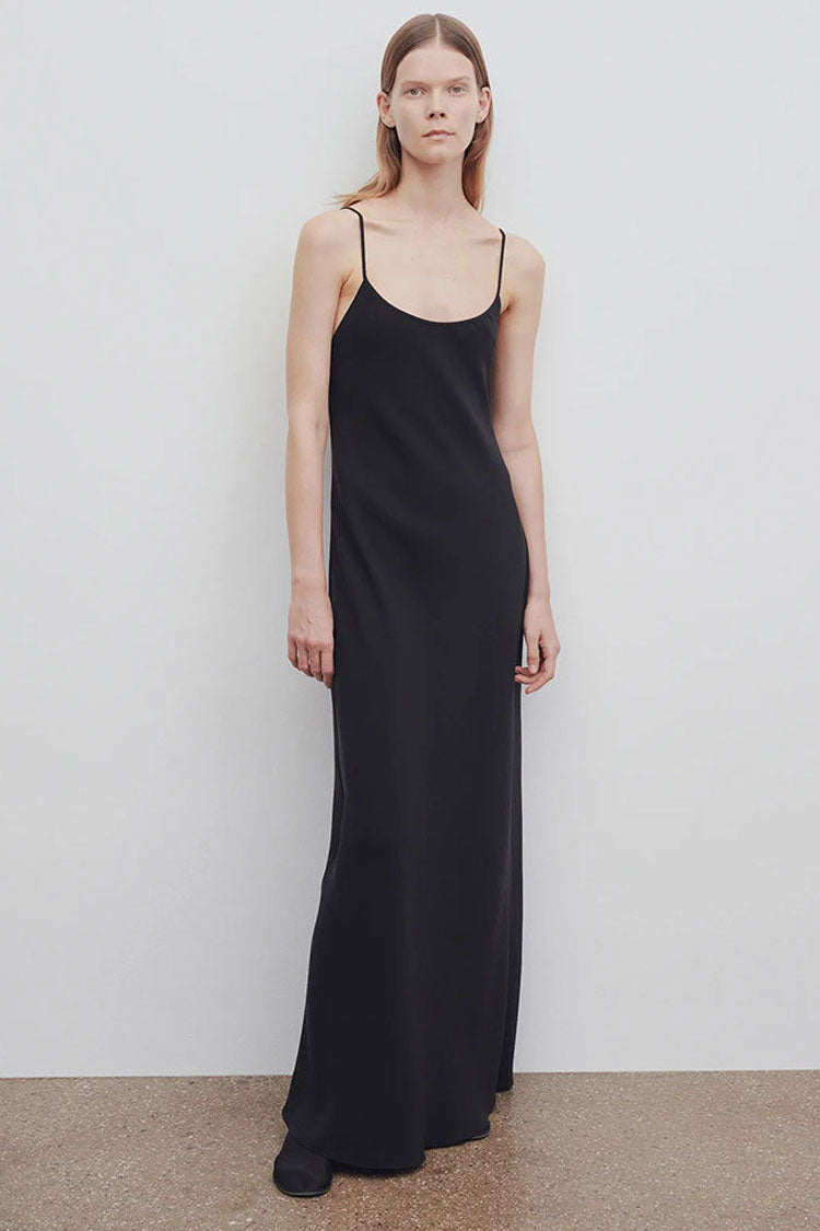 Classy Scoop Neck Draped Backless Silk Blend Slip Maxi Dress - Black