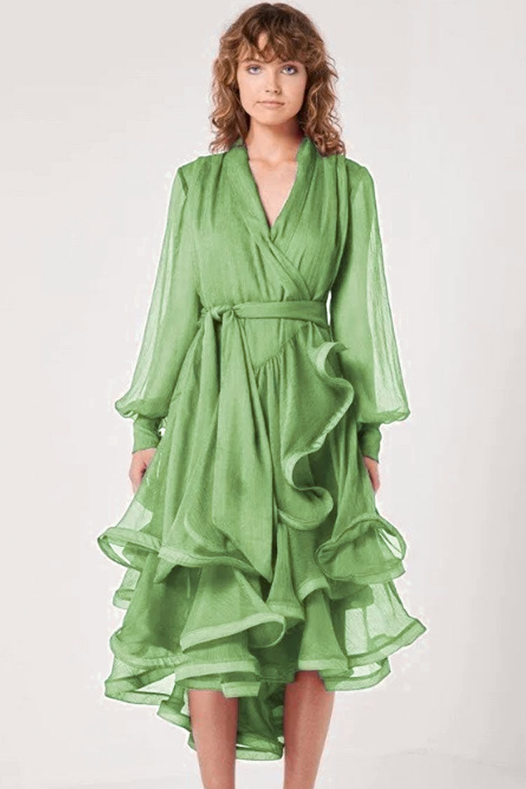 Classy Tiered Ruffle Bow Tie Long Sleeve Wrap Midi Dress - Grass Green