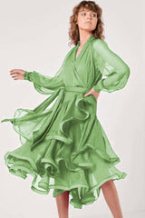 Classy Tiered Ruffle Bow Tie Long Sleeve Wrap Midi Dress - Grass Green