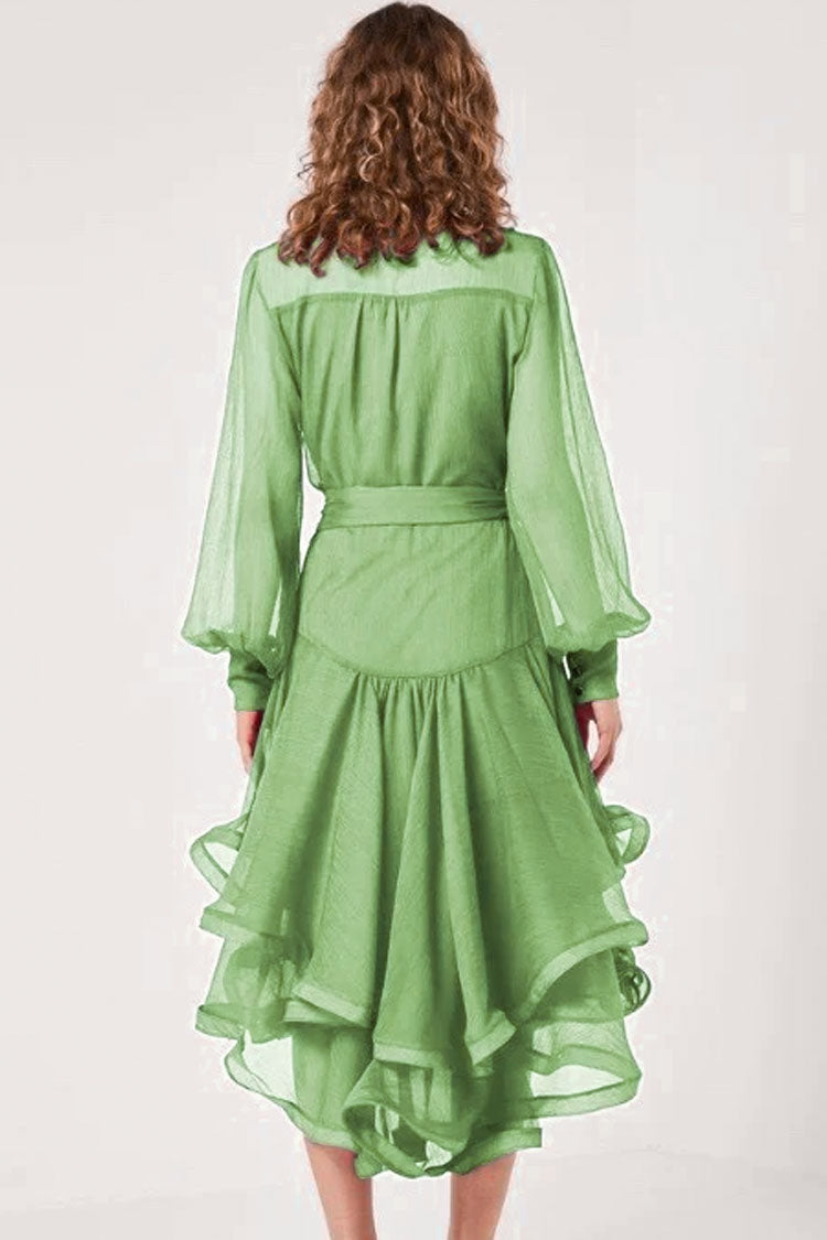 Classy Tiered Ruffle Bow Tie Long Sleeve Wrap Midi Dress - Grass Green