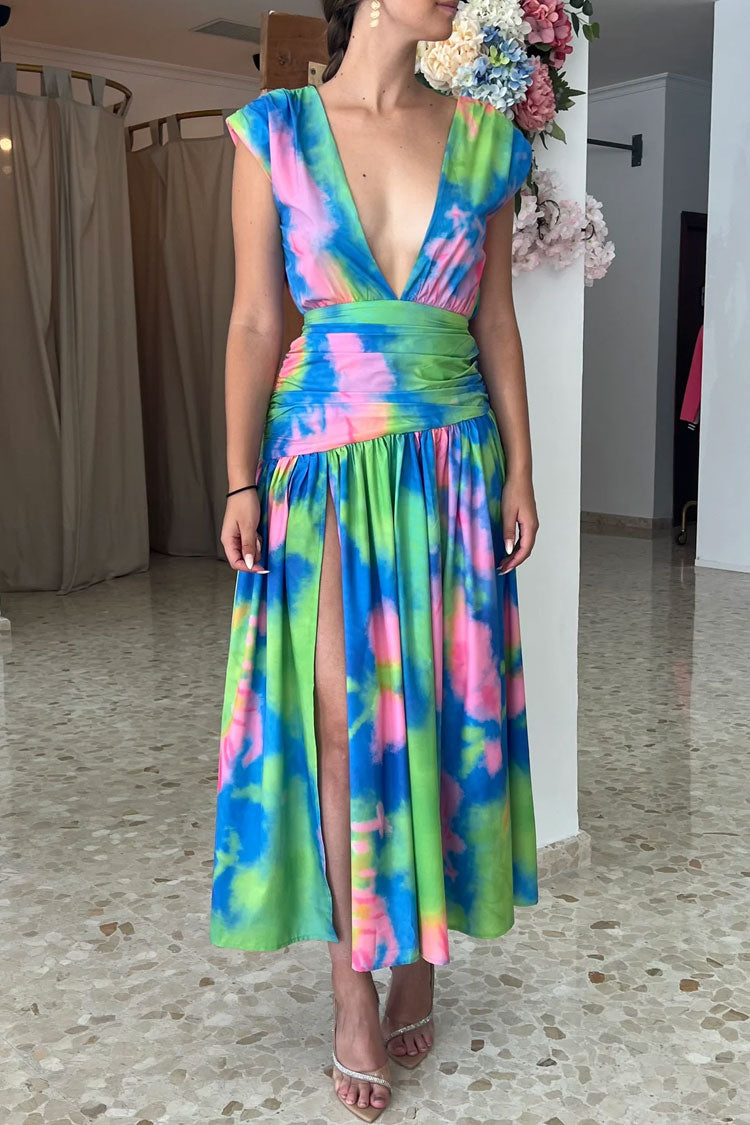 Colorful Tie Dye Deep V Wrap Waist Ruched High Split Formal Maxi Dress - Multicolor