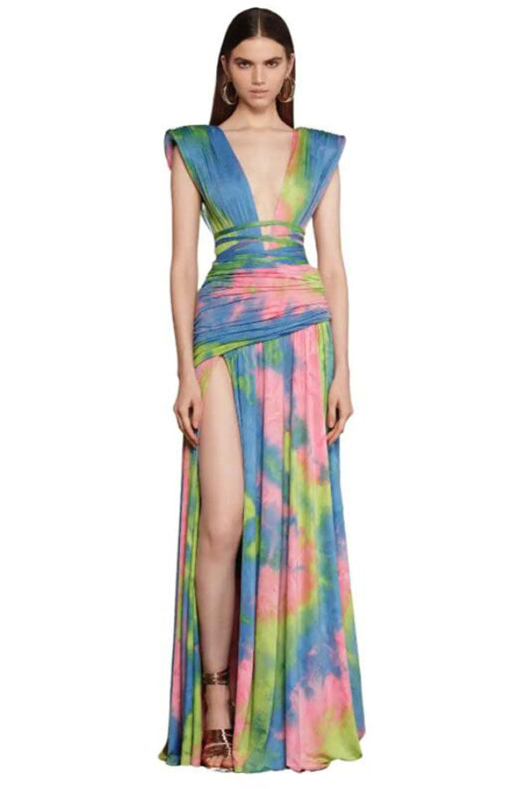 Colorful Tie Dye Deep V Wrap Waist Ruched High Split Formal Maxi Dress - Multicolor