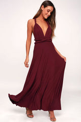 Convertible High Waist A-Line Infinity Maxi Bridesmaid Dress - Burgundy