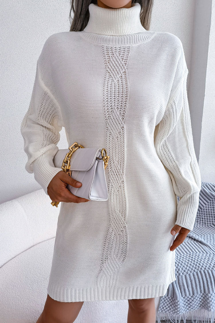 Cosy Winter Turtleneck Pullover Cable Knit Sweater Mini Dress - White