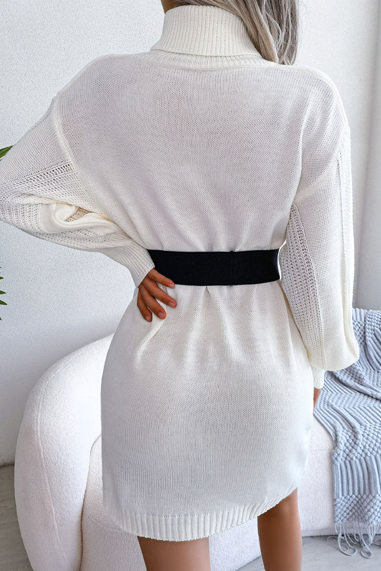 Cosy Winter Turtleneck Pullover Cable Knit Sweater Mini Dress - White