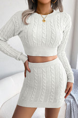 Cozy Fitted Winter Cable Knit Crop Sweater Two Piece Dress - White