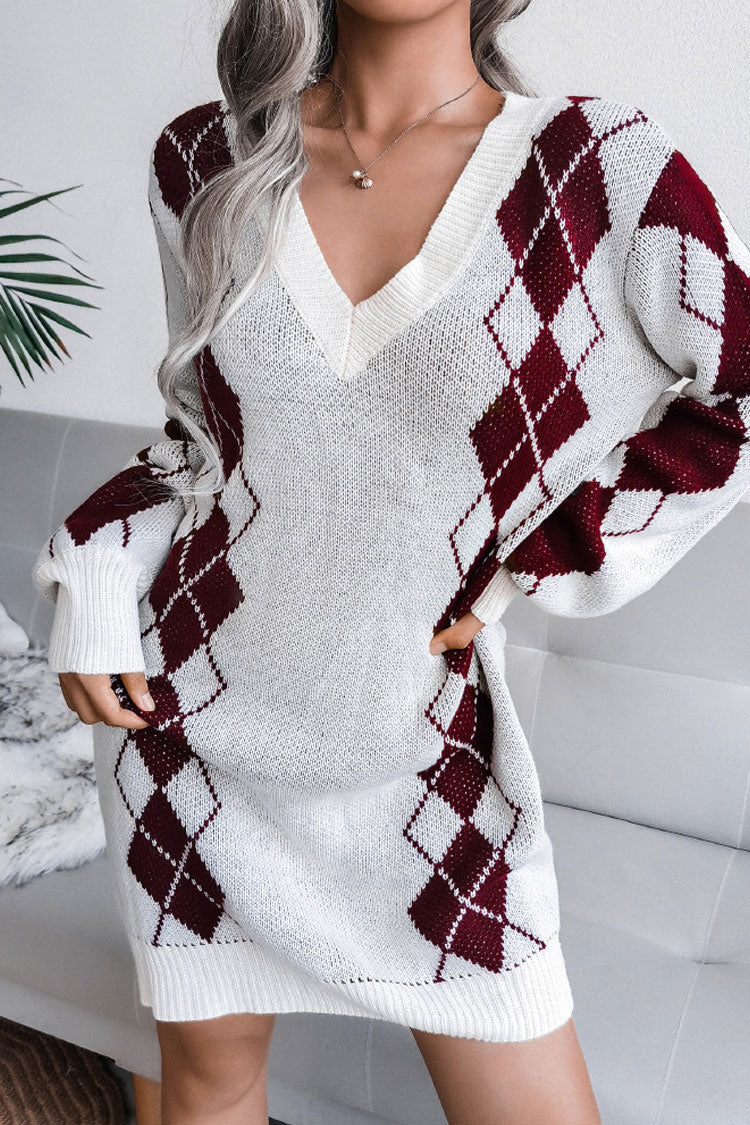 Cozy Two Tone Argyle Rib Knit V Neck Winter Sweater Mini Dress - Wine Red