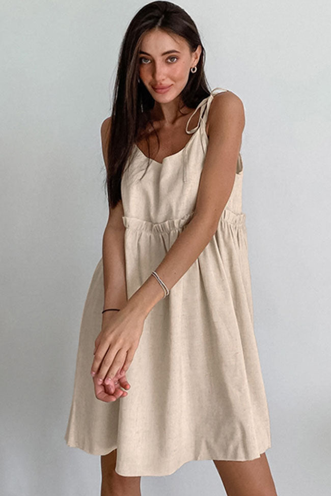 Cute Tiered Ruffle Empire Waist Linen Mini Summer Sundress - Khaki