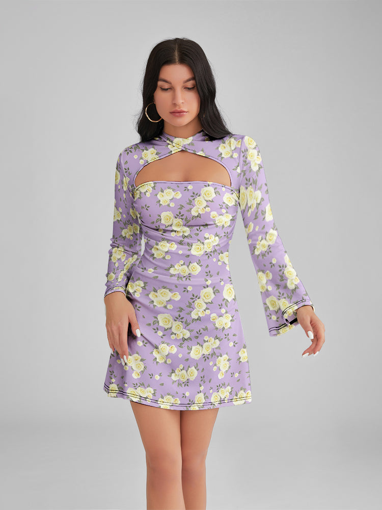 Emily In Paris Pattern Purple Floral Crew Neck Cutout Mini Dress