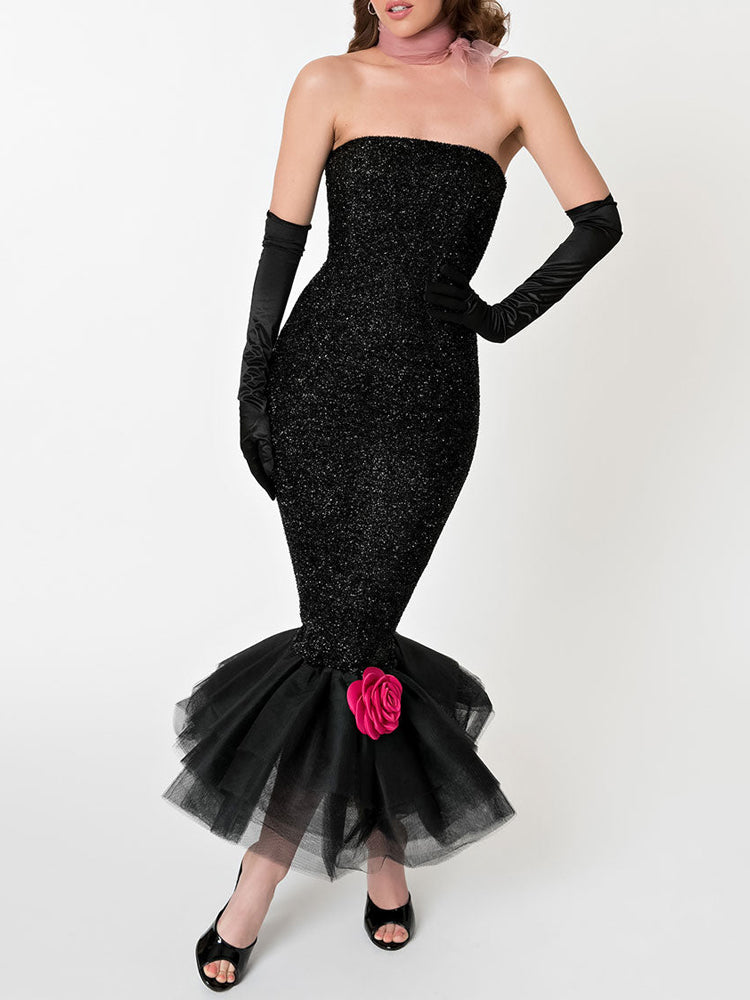 Glitter Black Layered Tulle Mermaid Maxi Dress