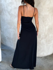 Asymmetric Straight Neck Slit Spaghetti Straps Maxi Dress