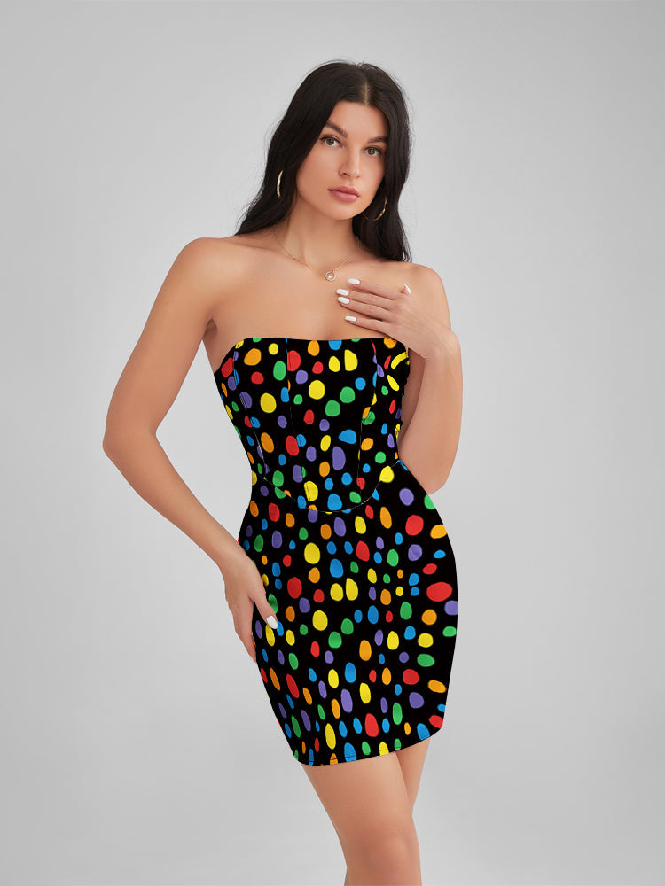 BEVERLY Painted Dots Satin Strapless Corset Mini Dress