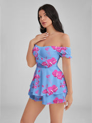 GLENDALE Periwinkle Print Satin Ruffle Strapless Mini Dress