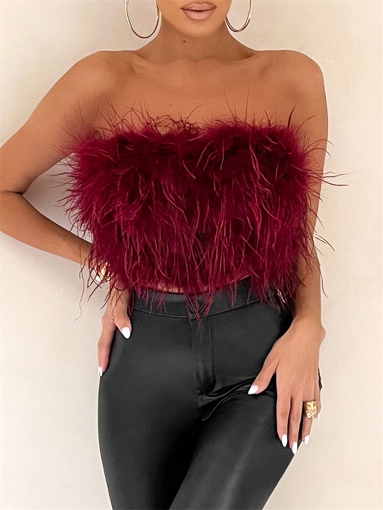 Strapless Women Feather Bandeau Crop Top