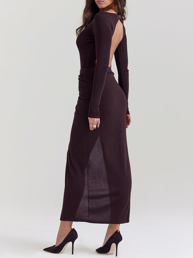 Knit Long Sleeve High Split Open Back Maxi Dress