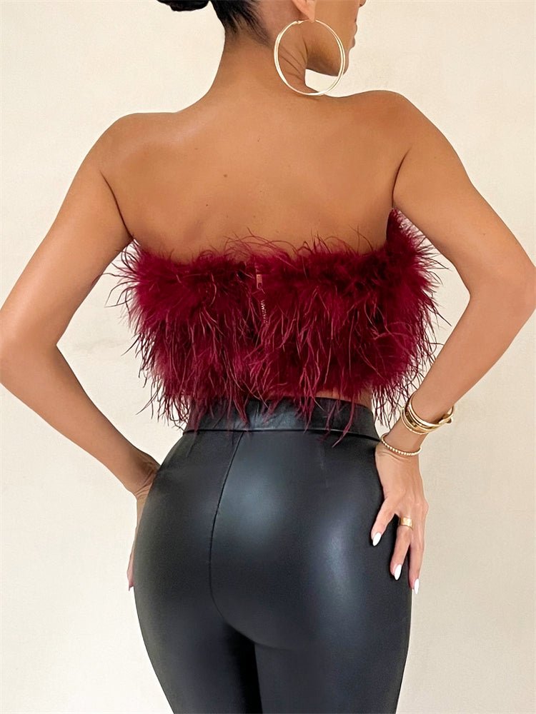 Strapless Women Feather Bandeau Crop Top