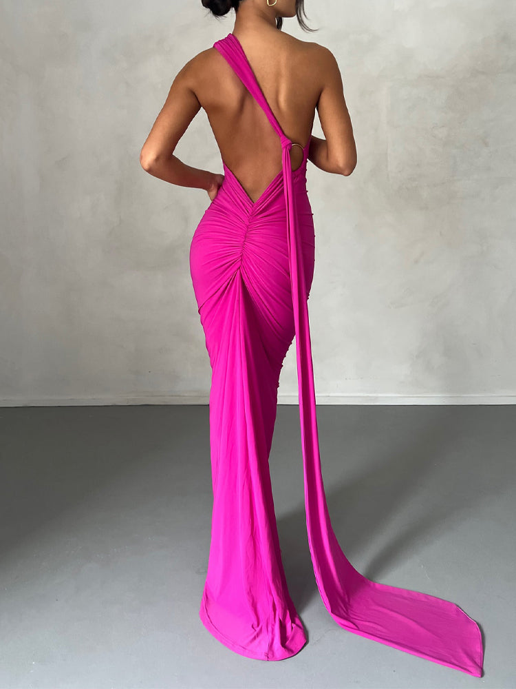 Elongated Sash Halter Sleeveless Open Back Maxi Dress